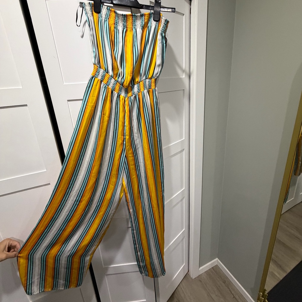 Striped Yellow & Teal Wide-Leg Jumpsuit